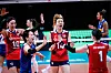 Korea’s national volleyball team captain Kim Yeon-koung, left, and libero Oh Ji-young, second from left, cheer after Team Korea score a point against Italy at the 2021 Women’s Volleyball Nations League in Rimini, Italy, on Sunday. Korea eventually lost to the Italian team 3-1 (27-25, 23-25, 25-22, 25-20). [FIVB]