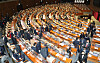 Opposition People Power Party lawmakers shuffle out of the National Assembly's plenary chamber in protest over the ruling Democratic Party's ending of its filibuster over a controversial anti-leaflet bill. The DP passed the bill with its overwhelming majority Monday evening. [YONHAP]