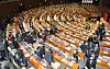 Opposition People Power Party lawmakers shuffle out of the National Assembly's plenary chamber in protest over the ruling Democratic Party's ending of its filibuster over a controversial anti-leaflet bill. The DP passed the bill with its overwhelming majority Monday evening. [YONHAP]