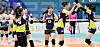 Suwon Hyundai E&C Hillstate players celebrate after beating the GS Caltex Seoul KIXX in the final of the 2021 KOVO Cup at Uijeongbu Gymnasium in Uijeongbu, Gyeonggi on Sunday. [NEWS1]