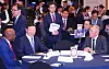Hyundai Motor Group Executive Chair Euisun Chung, right, and Lotte Chairman Shin Dong-bin attends the Korea-Africa business summit in central Seoul on Wednesday. [JOINT PRESS CORPS]