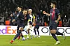 Paris Saint-Germain's Kylian Mbappe, left, celebrates scoring his side's opening goal during the Champions League group F match against Newcastle United FC at the Parc des Princes in Paris on Tuesday. [AP/YONHAP]
