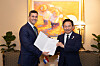 Land Minister Won Hee-ryong, right, poses for a photo after delivering President Yoon Suk Yeol's letter to incoming Paraguayan President Santiago Peña Palacios as a special envoy to attend Pena's inauguration ceremony in this photo provided by Won's office on Aug. 15, 2023.