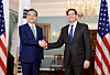 Foreign Minister Cho Hyun, left, meets with U.S. Secretary of State Marco Rubio at the U.S. Department of State in Washington on July 31, 2025. [YONHAP]