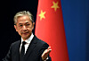 Chinese Foreign Ministry spokesman Wang Wenbin gestures during a press conference at the Ministry of Foreign Affairs in Beijing on Aug. 8. [AFP/YONHAP]