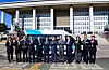 Officials from the National Assembly and Hyundai Motor, including President Kong Young-woon, sixth from left, and Lee Kwang-jae, seventh from left, secretary general of the National Assembly, take a photo with Hyundai's RoboShuttle Friday. [HYUNDAI MOTOR]