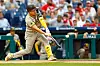 Kim Ha-seong of the San Diego Padres hits a home run during the first inning against the Philadelphia Phillies at Citizens Bank Park in Philadelphia, Pennsylvania on Sunday. The leadoff homer was the second of Kim's big league career, although the Padres ended up dropping the game 7-6. [AFP/YONHAP]