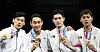 The Korean men’s sabre team hold their gold medals on July 28 at the Makuhari Messe Hall in Chiba, Japan. With the gold, Korea successfully defended the men’s team sabre title it has held since the London 2012 Olympics. [YONHAP]