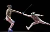 Kim Jung-hwan, right, competes against Italy's Luigi Samele in the men's sabre individual semi-final bout during the Tokyo 2020 Olympic Games at the Makuhari Messe Hall in Chiba City, Chiba Prefecture, Japan, on July 24. [AFP/YONHAP]