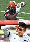Cleveland Browns defensive end Myles Garrett appears to pay tribute to Tottenham Hotspur forward Son Heung-min during the American football club's 27-3 win over the Tennessee Titans on Monday. Son, pictured below during a Premier League game against Arsenal on Sunday, has used the photograph celebration when he scores a goal for club and country for years.  [SCREEN CAPTURE; REUTERS/YONHAP]