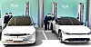 Government officials and Hyundai Motor executives charge the Hyundai Motor Ioniq 5, left, and Kia EV6, at a Hyundai Motor charging station branded E-Pit that opened in Hwaseong, Gyeonggi on Wednesday. [HYUNDAI MOTOR]