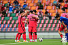 The Korean U-23 football team celebrate after scoring a goal against the Philippines at Jalan Besar Stadium in Singapore on Monday. [NEWS1]