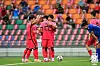 The Korean U-23 football team celebrate after scoring a goal against the Philippines at Jalan Besar Stadium in Singapore on Monday. [NEWS1]