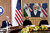 In a virtual meeting with Indian Prime Minister Narendra Modi, U.S. President Joe Biden, left, says he looks forward to seeing him in Japan in May at a meeting of leaders of the Quadrilateral Security Dialogue, or Quad, at the White House in Washington Monday. Biden’s first trip to Asia could be an opportunity for a visit to Korea for a summit with President-elect Yoon Suk-yeol. [AP/YONHAP]