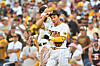 San Diego Padres shortstop Kim Ha-seong takes the field for the ninth inning against the Philadelphia Phillies during game two of the NLCS at Petco Park in San Diego on Wednesday.  [USA TODAY/YONHAP]