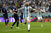 Argentina's Lionel Messi celebrates after scoring his side's first goal during the World Cup semifinal match between Argentina and Croatia at the Lusail Stadium in Lusail, Qatar, on Tuesday. [AP/YONHAP]