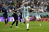 Argentina's Lionel Messi celebrates after scoring his side's first goal during the World Cup semifinal match between Argentina and Croatia at the Lusail Stadium in Lusail, Qatar, on Tuesday. [AP/YONHAP]