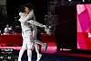 Korean sabrist Oh Sang-uk, left and Gu Bon-gil celebrate the men’s sabre team's win against Germany in the semifinals on Wednesday at the Makuhari Messe Hall in Chiba, Japan. [YONHAP]