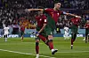 Portugal's Cristiano Ronaldo celebrates after scoring from the penalty spot during a World Cup Group H match against Ghana at Stadium 974 in Doha, Qatar on Thursday. Ronaldo, scoring in his fifth World Cup, put Portugal ahead in the 65th minute. Four more goals followed over the final half an hour to end the game with Portugal up 3-2. [AP/YONHAP]