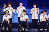 From left, Choi Ye-jin, Jeong Ho-won and Kim Han-soo celebrate their mixed boccia pairs sport class three gold medals on the 2020 Tokyo Paralympics podium at Ariake Arena in Tokyo on Saturday. [NEWS1]