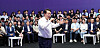 President Yoon Suk Yeol meets with young people at a meeting to review his cabinet’s youth policies at Sevit Floating Island’s convention hall in Seoul on Thursday. During the meeting, Yoon suggested the majority Democratic Party was blocking the implementation of his policies. He also hinted that after next year’s general election, young people can expect fundamental reforms to policies that affect them. [PRESIDENTIAL OFFICE]
