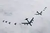 Korean and U.S. Air Forces stage air drills, involving a B-52H strategic bomber, F-35A fighters and F-16 fighters, over the Korean Peninsula on April 14. [MINISTRY OF NATIONAL DEFENSE]