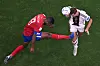 Costa Rica's defender Kendall Waston, left, and Germany's forward Niclas Fuellkrug fight for the ball during the Qatar 2022 World Cup Group E football match between Costa Rica and Germany at the Al-Bayt Stadium in Al Khor, north of Doha on Thursday. [AFP/YONHAP]