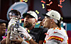 Kansas City Chiefs' Travis Kelce, left, and Patrick Mahomes celebrate with the Vince Lombardi Trophy after defeating the Philadelphia Eagles in the 2023 Super Bowl at State Farm Stadium in Glendale, Arizona on Feb. 12. [EPA/YONHAP]