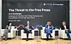 A. G. Sulzberger, chairman and publisher of The New York Times, second from left, speaks at a fireside chat after giving a keynote address to students and faculty at the Seoul National University (SNU) in Gwanak District, southern Seoul, on Thursday. From left, Prof. Lee Eun-ju, an associate dean of academic affairs at SNU’s College of Social Sciences, moderates the chat with The Times’ Sulzberger, Carolyn Ryan, managing editor, and Choe Sang-hun, the Seoul bureau chief. [PARK SANG-MOON]