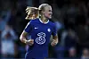Chelsea's Pernille Harder celebrates scoring their side's sixth goal during a Women's Super League match against Everton at Kingsmeadow in London on May 7. [AP/YONHAP]