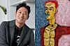 Actor Ha Jung-woo, left, and one of his artworks showcasing at his exhibition “At Home” in Pyo Gallery in central Seoul. [PYO GALLERY]
