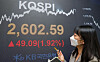 A screen shows the final figure for the Kospi in a dealing room in KB Kookmin Bank in Yeouido, western Seoul, on Monday. The Kospi marked the highest point, surpassing 2,600, since January 2018. [NEWS 1]