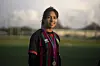 Morocco's captain Ghizlane Chebbak pages for a photo after leading her team to win the women's soccer league, in Rabat, Morocco on May 21. [AP/YONHAP]