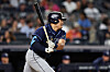 Choi Ji-man of the Tampa Bay Rays hits a single at the top of the sixth inning of a game against the New York Yankees at Yankee Stadium in New York on Tuesday. The single extends Choi's hitting streak to 12 games, with at least one knock in every single game since May 29 and a .333 batting average for the month of June. [AFP/YONHAP]