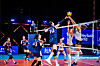 Kim Yeon-koung jousts for the ball at a Volleyball Nations League match against the Netherlands on Sunday in Rimini, Italy. [FIVB]
