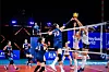 Kim Yeon-koung jousts for the ball at a Volleyball Nations League match against the Netherlands on Sunday in Rimini, Italy. [FIVB]