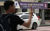 A banner warning of drug schemes targeting young students is seen hanging in a street in Daechi-dong, a neighborhood filled with private education academies, in Gangnam District, southern Seoul, on May 1. [NEWS1]