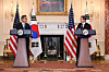 Korea's Foreign Minister Park Jin, left and U.S. Secretary of State Antony Blinken, right, hold a news conference at the U.S. State Department in Washington on Monday. [REUTERS/YONHAP]