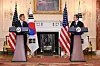 Korea's Foreign Minister Park Jin, left and U.S. Secretary of State Antony Blinken, right, hold a news conference at the U.S. State Department in Washington on Monday. [REUTERS/YONHAP]