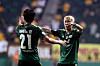 Jeonbuk Hyundai Motors' Song Min-kyu, right, celebrates with Jun Amano during an FA Cup match against Gwangju FC at Jeonju World Cup Stadium in Jeonju, North Jeolla on June 28. [YONHAP]
