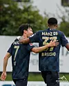 Mainz's Lee Jae-sung celebrates with teammate Delano Burgzorg during a preseason friendly against St. Gallen at the Bundesliga club's training camp in Schladming, Austria on Tuesday. Mainz won the game 4-1, with Lee scoring the side's second goal in the 22nd minute. [MAINZ 05]