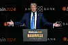 U.S. President Donald Trump gestures at the Bitcoin 2024 event in Nashville, Tennessee, U.S., on July 27, 2024. [POO/YONHAP]
