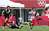 Korea's Jang Jeong-min runs with the ball during a rugby sevens game against Japan at the 2020 Tokyo Olympics on Wednesday. [YONHAP]