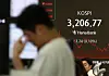A screen in Hana Bank's trading room in central Seoul shows the Kospi closing at 3,206.77 points on Aug. 11, down 3.24 points, or 0.1 percent, from the previous trading session. [YONHAP]
