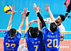 Leonardo Leyva of the Cheonan Hyundai Capital Skywalkers, far right, spikes the ball past a three-man block by players of the Seoul Woori Card Woori Won. [KOVO]