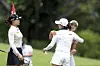 Ko Jin-young, center, is congratulated by Lee Jeong-eun, left and Chun In-gee after winning the HSBC Women's World Championship golf tournament at Sentosa Golf Club in Singapore on Sunday. [AP/YONHAP]