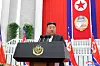North Korean leader Kim Jong-un delivers a speech in Pyongyang on Monday on the occasion of North Korea's 76th birthday, in this photo provided by the North's official Korean Central News Agency. [YONHAP]