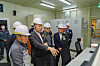 LS Chairman Koo Ja-eun, second from left, inspects a nickel sulfate factory in Asan, South Chungcheong, on March 27. [YONHAP]