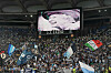 A portrait of Britain's Queen Elizabeth II is displayed on a giant screen following the announcement of her death, prior to the start of the UEFA Europa League Group F first leg football match between SS Lazio and Feyenoord Rotterdam at the Olympic stadium in Rome on Thursday. [AFP/YONHAP]