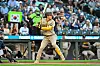 Kim Ha-seong of the San Diego Padres bats during the first inning against the Seattle Mariners at T-Mobile Park in Seattle, Washington on Tuesday. Kim went one-for-four on the game, singling on a line drive in the ninth to extend his hitting streak to 14 games. [AFP/YONHAP]